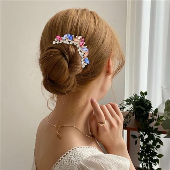 Elegant Crystal Hair Combs Set - Pink, Blue, Gold - Picture 3 of 11